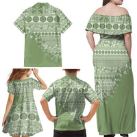 Fiji Marau na Kerisimasi Family Matching Off Shoulder Maxi Dress and Hawaiian Shirt Sage Green Tagimoucia Tapa Masi Tribal - Polynesian Pride