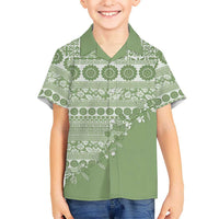Fiji Marau na Kerisimasi Family Matching Off Shoulder Maxi Dress and Hawaiian Shirt Sage Green Tagimoucia Tapa Masi Tribal - Polynesian Pride