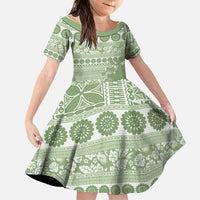 Fiji Marau na Kerisimasi Family Matching Off Shoulder Short Dress and Hawaiian Shirt Sage Green Tagimoucia Tapa Masi Tribal - Polynesian Pride