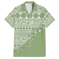 Fiji Marau na Kerisimasi Family Matching Off Shoulder Short Dress and Hawaiian Shirt Sage Green Tagimoucia Tapa Masi Tribal - Polynesian Pride