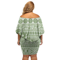 Fiji Marau na Kerisimasi Family Matching Off Shoulder Short Dress and Hawaiian Shirt Sage Green Tagimoucia Tapa Masi Tribal - Polynesian Pride