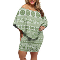 Fiji Marau na Kerisimasi Off Shoulder Short Dress Sage Green Tagimoucia Tapa Masi Tribal - Polynesian Pride