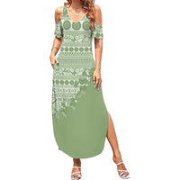 Fiji Marau na Kerisimasi Summer Maxi Dress Sage Green Tagimoucia Tapa Masi Tribal - Polynesian Pride