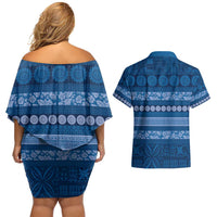 Fiji Marau na Kerisimasi Couples Matching Off Shoulder Short Dress and Hawaiian Shirt Blue Tapa Masi Inspired Christmas - Polynesian Pride