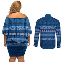 Fiji Marau na Kerisimasi Couples Matching Off Shoulder Short Dress and Long Sleeve Button Shirt Blue Tapa Masi Inspired Christmas - Polynesian Pride