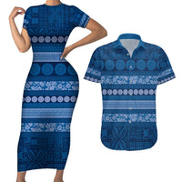 Fiji Marau na Kerisimasi Couples Matching Short Sleeve Bodycon Dress and Hawaiian Shirt Blue Tapa Masi Inspired Christmas - Polynesian Pride