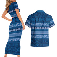 Fiji Marau na Kerisimasi Couples Matching Short Sleeve Bodycon Dress and Hawaiian Shirt Blue Tapa Masi Inspired Christmas - Polynesian Pride