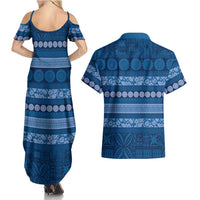 Fiji Marau na Kerisimasi Couples Matching Summer Maxi Dress and Hawaiian Shirt Blue Tapa Masi Inspired Christmas - Polynesian Pride
