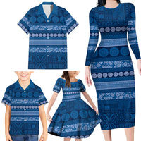 Fiji Marau na Kerisimasi Family Matching Long Sleeve Bodycon Dress and Hawaiian Shirt Blue Tapa Masi Inspired Christmas - Polynesian Pride