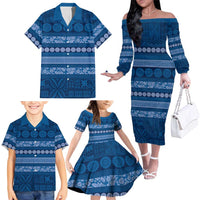 Fiji Marau na Kerisimasi Family Matching Off The Shoulder Long Sleeve Dress and Hawaiian Shirt Blue Tapa Masi Inspired Christmas - Polynesian Pride