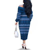 Fiji Marau na Kerisimasi Family Matching Off The Shoulder Long Sleeve Dress and Hawaiian Shirt Blue Tapa Masi Inspired Christmas - Polynesian Pride
