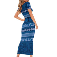 Fiji Marau na Kerisimasi Family Matching Short Sleeve Bodycon Dress and Hawaiian Shirt Blue Tapa Masi Inspired Christmas - Polynesian Pride