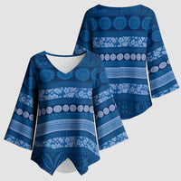 Fiji Marau na Kerisimasi Kimono Sleeve Blouse Blue Tapa Masi Inspired Christmas LT9 - Polynesian Pride