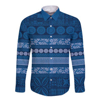 Fiji Marau na Kerisimasi Long Sleeve Button Shirt Blue Tapa Masi Inspired Christmas LT9 Unisex Blue - Polynesian Pride