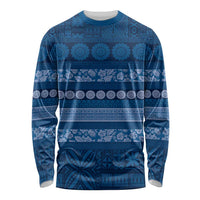 Fiji Marau na Kerisimasi Long Sleeve Shirt Blue Tapa Masi Inspired Christmas LT9 Unisex Blue - Polynesian Pride