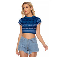 Fiji Marau na Kerisimasi Raglan Cropped T Shirt Blue Tapa Masi Inspired Christmas LT9 Female Blue - Polynesian Pride