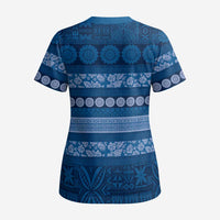 Fiji Marau na Kerisimasi Scrub Top Blue Tapa Masi Inspired Christmas LT9 - Polynesian Pride