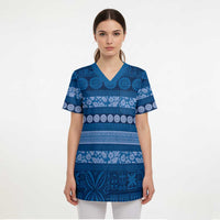 Fiji Marau na Kerisimasi Scrub Top Blue Tapa Masi Inspired Christmas LT9 - Polynesian Pride