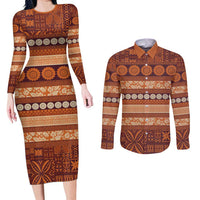 Fiji Marau na Kerisimasi Couples Matching Long Sleeve Bodycon Dress and Long Sleeve Button Shirt Gold Tapa Masi Inspired Christmas - Polynesian Pride