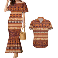 Fiji Marau na Kerisimasi Couples Matching Mermaid Dress and Hawaiian Shirt Gold Tapa Masi Inspired Christmas - Polynesian Pride