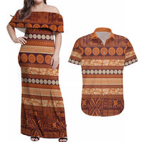 Fiji Marau na Kerisimasi Couples Matching Off Shoulder Maxi Dress and Hawaiian Shirt Gold Tapa Masi Inspired Christmas - Polynesian Pride