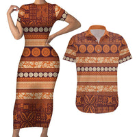 Fiji Marau na Kerisimasi Couples Matching Short Sleeve Bodycon Dress and Hawaiian Shirt Gold Tapa Masi Inspired Christmas - Polynesian Pride