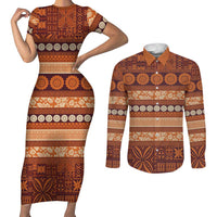 Fiji Marau na Kerisimasi Couples Matching Short Sleeve Bodycon Dress and Long Sleeve Button Shirt Gold Tapa Masi Inspired Christmas - Polynesian Pride