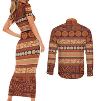 Fiji Marau na Kerisimasi Couples Matching Short Sleeve Bodycon Dress and Long Sleeve Button Shirt Gold Tapa Masi Inspired Christmas - Polynesian Pride