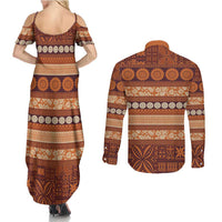 Fiji Marau na Kerisimasi Couples Matching Summer Maxi Dress and Long Sleeve Button Shirt Gold Tapa Masi Inspired Christmas - Polynesian Pride