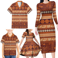 Fiji Marau na Kerisimasi Family Matching Long Sleeve Bodycon Dress and Hawaiian Shirt Gold Tapa Masi Inspired Christmas - Polynesian Pride