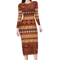 Fiji Marau na Kerisimasi Family Matching Long Sleeve Bodycon Dress and Hawaiian Shirt Gold Tapa Masi Inspired Christmas - Polynesian Pride