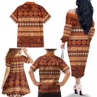 Fiji Marau na Kerisimasi Family Matching Off The Shoulder Long Sleeve Dress and Hawaiian Shirt Gold Tapa Masi Inspired Christmas - Polynesian Pride