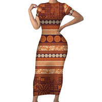 Fiji Marau na Kerisimasi Short Sleeve Bodycon Dress Gold Tapa Masi Inspired Christmas LT9 Long Dress Gold - Polynesian Pride