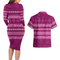 Fiji Marau na Kerisimasi Couples Matching Long Sleeve Bodycon Dress and Hawaiian Shirt Pink Tapa Masi Inspired Christmas - Polynesian Pride