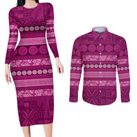 Fiji Marau na Kerisimasi Couples Matching Long Sleeve Bodycon Dress and Long Sleeve Button Shirt Pink Tapa Masi Inspired Christmas - Polynesian Pride