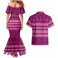 Fiji Marau na Kerisimasi Couples Matching Mermaid Dress and Hawaiian Shirt Pink Tapa Masi Inspired Christmas - Polynesian Pride
