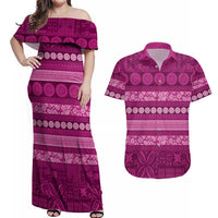 Fiji Marau na Kerisimasi Couples Matching Off Shoulder Maxi Dress and Hawaiian Shirt Pink Tapa Masi Inspired Christmas - Polynesian Pride