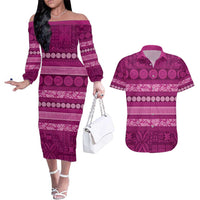 Fiji Marau na Kerisimasi Couples Matching Off The Shoulder Long Sleeve Dress and Hawaiian Shirt Pink Tapa Masi Inspired Christmas - Polynesian Pride