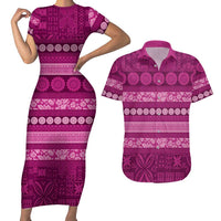 Fiji Marau na Kerisimasi Couples Matching Short Sleeve Bodycon Dress and Hawaiian Shirt Pink Tapa Masi Inspired Christmas - Polynesian Pride