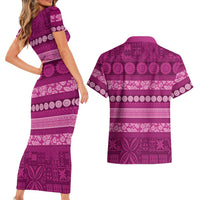 Fiji Marau na Kerisimasi Couples Matching Short Sleeve Bodycon Dress and Hawaiian Shirt Pink Tapa Masi Inspired Christmas - Polynesian Pride
