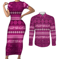 Fiji Marau na Kerisimasi Couples Matching Short Sleeve Bodycon Dress and Long Sleeve Button Shirt Pink Tapa Masi Inspired Christmas - Polynesian Pride