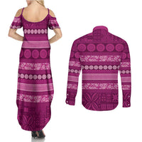 Fiji Marau na Kerisimasi Couples Matching Summer Maxi Dress and Long Sleeve Button Shirt Pink Tapa Masi Inspired Christmas - Polynesian Pride