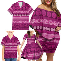 Fiji Marau na Kerisimasi Family Matching Off Shoulder Short Dress and Hawaiian Shirt Pink Tapa Masi Inspired Christmas - Polynesian Pride