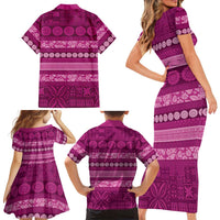 Fiji Marau na Kerisimasi Family Matching Short Sleeve Bodycon Dress and Hawaiian Shirt Pink Tapa Masi Inspired Christmas - Polynesian Pride