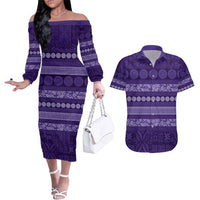 Fiji Marau na Kerisimasi Couples Matching Off The Shoulder Long Sleeve Dress and Hawaiian Shirt Purple Tapa Masi Inspired Christmas - Polynesian Pride