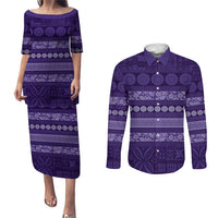 Fiji Marau na Kerisimasi Couples Matching Puletasi and Long Sleeve Button Shirt Purple Tapa Masi Inspired Christmas - Polynesian Pride