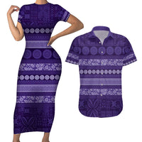 Fiji Marau na Kerisimasi Couples Matching Short Sleeve Bodycon Dress and Hawaiian Shirt Purple Tapa Masi Inspired Christmas - Polynesian Pride