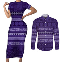 Fiji Marau na Kerisimasi Couples Matching Short Sleeve Bodycon Dress and Long Sleeve Button Shirt Purple Tapa Masi Inspired Christmas - Polynesian Pride