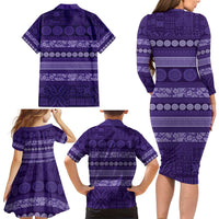 Fiji Marau na Kerisimasi Family Matching Long Sleeve Bodycon Dress and Hawaiian Shirt Purple Tapa Masi Inspired Christmas - Polynesian Pride