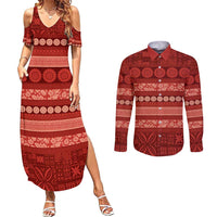 Fiji Marau na Kerisimasi Couples Matching Summer Maxi Dress and Long Sleeve Button Shirt Red Tapa Masi Inspired Christmas LT9 Red - Polynesian Pride